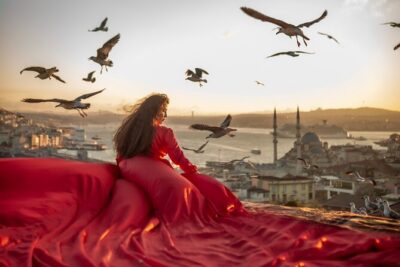 Flying Dress Photography on an Iconic Rooftop in Istanbul - Stop 1: Bosphorus Bridge photos with seagulls and motion