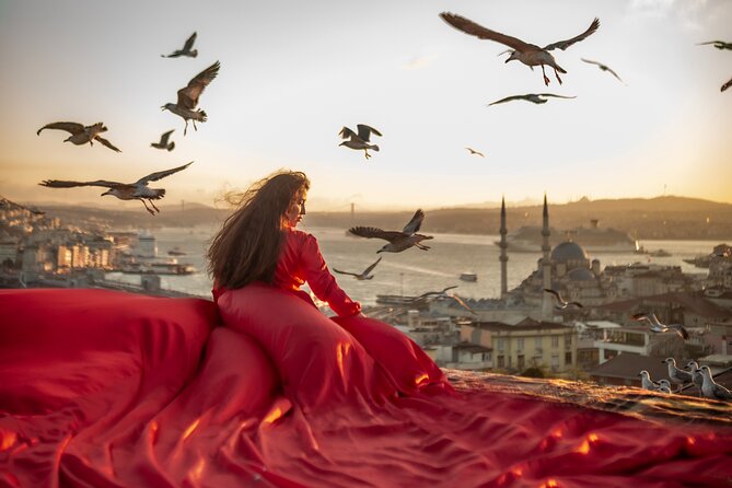 Flying Dress Photography on an Iconic Rooftop in Istanbul - Stop 1: Bosphorus Bridge photos with seagulls and motion